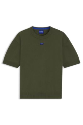 Pull en maille &agrave; manches courtes et badge logot&eacute; bleu, Olive