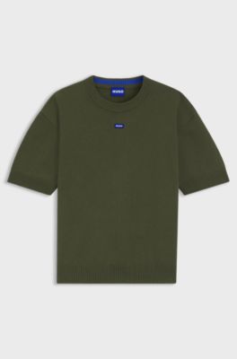 Knit sweater with short sleeves and blue logo badge, Olive