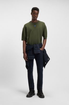 Knit sweater with short sleeves and blue logo badge, Olive