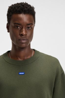 Knit sweater with short sleeves and blue logo badge, Olive