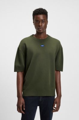 Pull en maille &agrave; manches courtes et badge logot&eacute; bleu, Olive