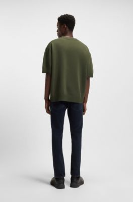 Pull en maille &agrave; manches courtes et badge logot&eacute; bleu, Olive