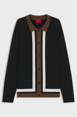 Button-up sweater with contrast stripes, Black