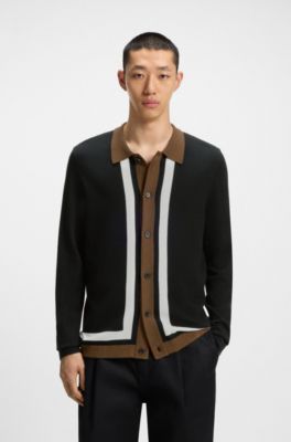 Button-up sweater with contrast stripes, Black