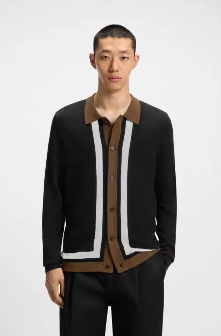 Button-up sweater with contrast stripes