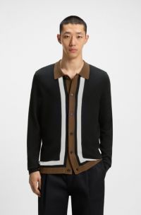 Button-up sweater with contrast stripes, Black