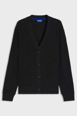 Relaxed-fit cardigan with ribbed structure, Black
