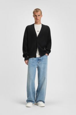 Relaxed-fit cardigan with ribbed structure, Black