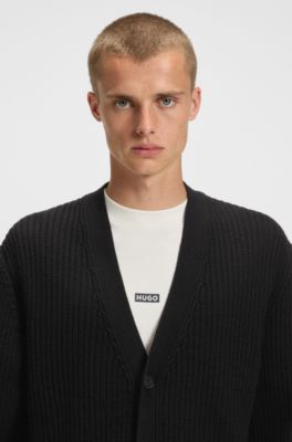 Relaxed-fit cardigan with ribbed structure, Black