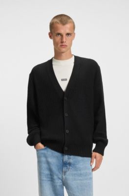 Relaxed-fit cardigan with ribbed structure, Black