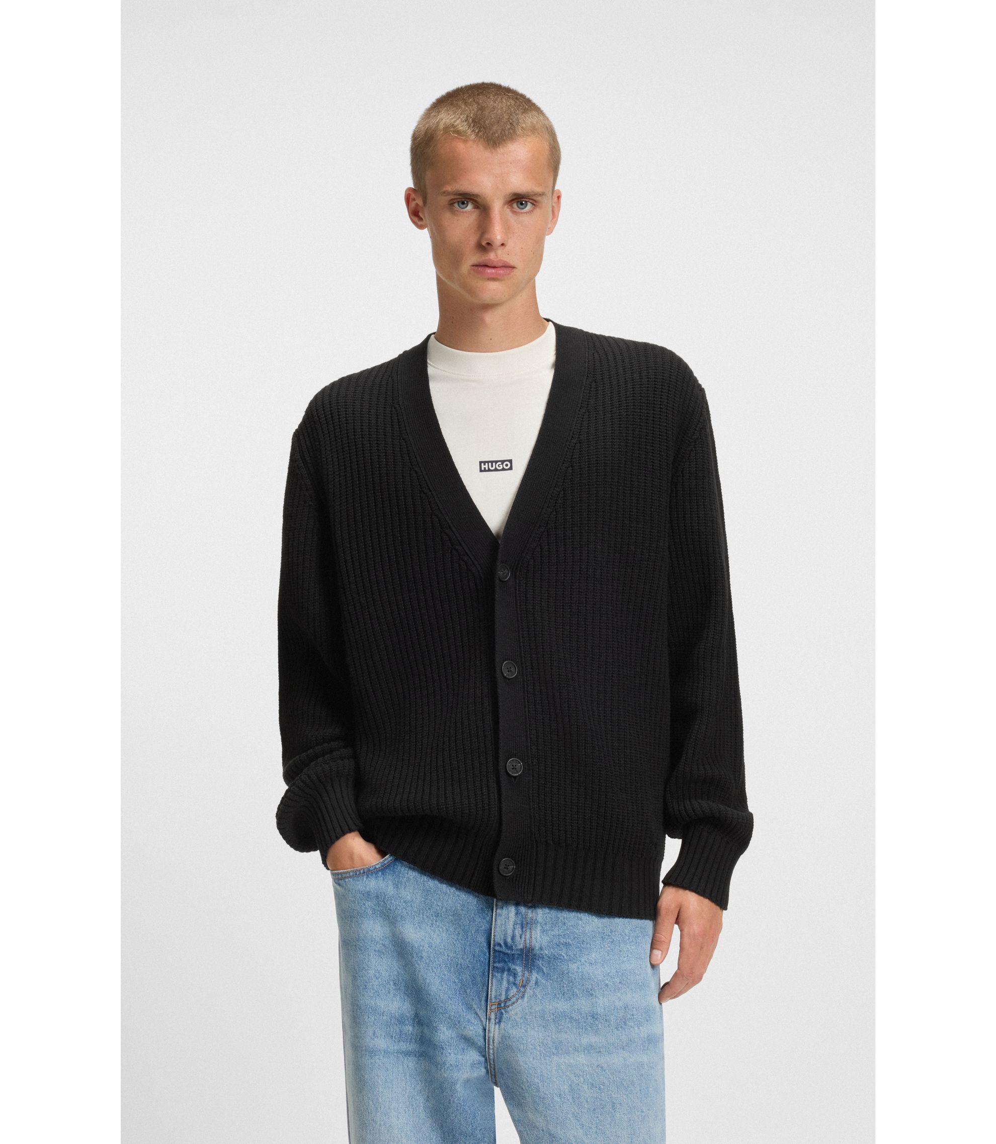 HUGO - Relaxed-fit cardigan with ribbed structure - Black