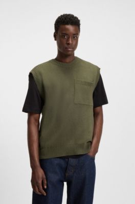 Relaxed fit T-shirt i strik med brystlomme, Olivengr&oslash;n