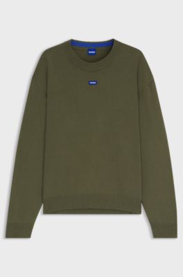 Relaxed-fit sweater with blue logo badge, Olive