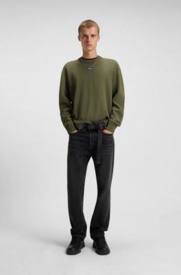 Relaxed-fit sweater with blue logo badge, Olive