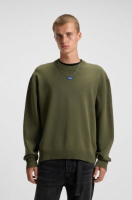 Relaxed-fit sweater with blue logo badge, Olive