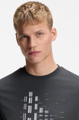 T-shirt van stretchkatoen met geometrische print, Donkergrijs