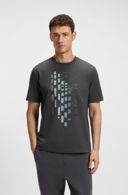 Stretch-cotton T-shirt with geometric print, Dark Grey