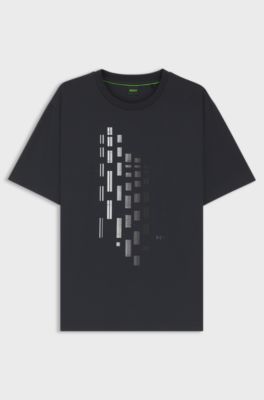 T-shirt van stretchkatoen met geometrische print, Donkerblauw