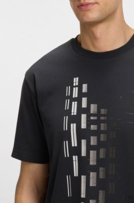 Stretch-cotton T-shirt with geometric print, Dark Blue