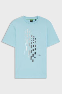 Stretch-cotton T-shirt with geometric print, Light Blue