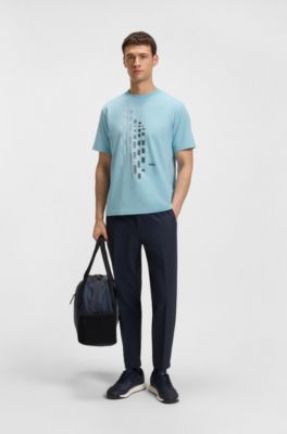Stretch-cotton T-shirt with geometric print, Light Blue