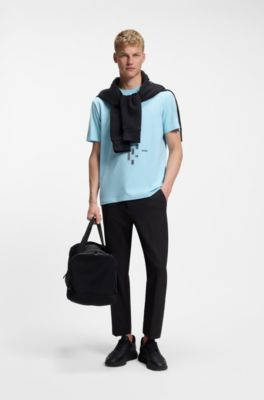 Stretch-cotton T-shirt with geometric print, Light Blue