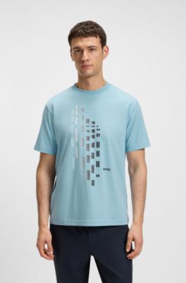 Stretch-cotton T-shirt with geometric print, Light Blue