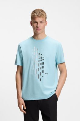 Stretch-cotton T-shirt with geometric print, Light Blue