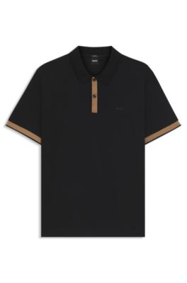 Mercerised-cotton slim-fit polo shirt with structured trims, Black