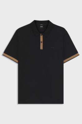 Mercerised-cotton slim-fit polo shirt with structured trims, Black