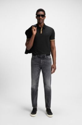 Mercerised-cotton slim-fit polo shirt with structured trims, Black