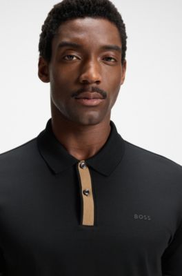 Mercerised-cotton slim-fit polo shirt with structured trims, Black