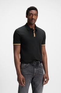Mercerised-cotton slim-fit polo shirt with structured trims, Black