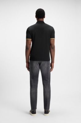 Mercerised-cotton slim-fit polo shirt with structured trims, Black