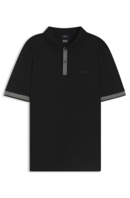 Mercerised-cotton slim-fit polo shirt with structured trims, Black