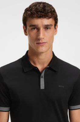 Mercerised-cotton slim-fit polo shirt with structured trims, Black