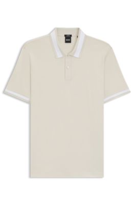 Mercerised-cotton slim-fit polo shirt with structured trims, Natural