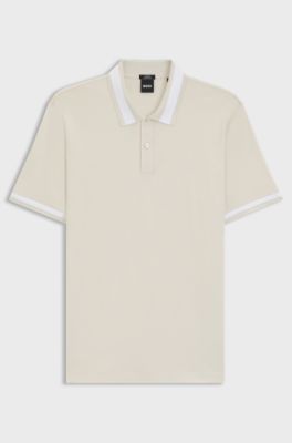 Mercerised-cotton slim-fit polo shirt with structured trims, Natural
