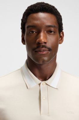 Mercerised-cotton slim-fit polo shirt with structured trims, Natural
