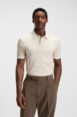 Mercerised-cotton slim-fit polo shirt with structured trims, Natural