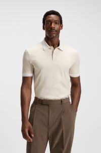 Slim-Fit Poloshirt aus merzerisierter Baumwolle mit strukturierten Besätzen, Natur