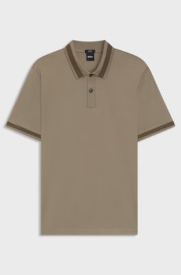 Mercerised-cotton slim-fit polo shirt with structured trims, Light Brown