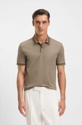 Mercerised-cotton slim-fit polo shirt with structured trims, Light Brown