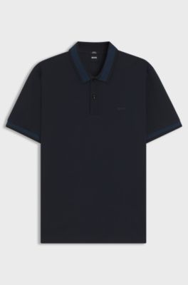 Mercerised-cotton slim-fit polo shirt with structured trims, Dark Blue