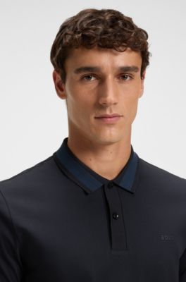 Mercerised-cotton slim-fit polo shirt with structured trims, Dark Blue