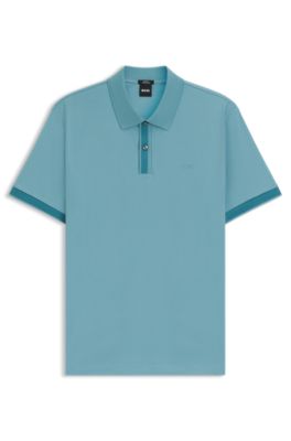 Mercerised-cotton slim-fit polo shirt with structured trims, Light Blue