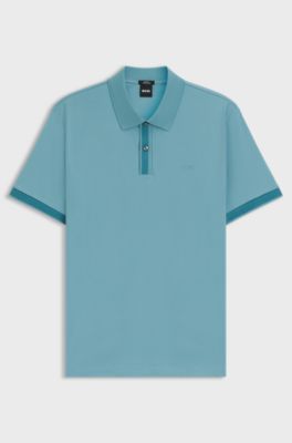 Mercerised-cotton slim-fit polo shirt with structured trims, Light Blue
