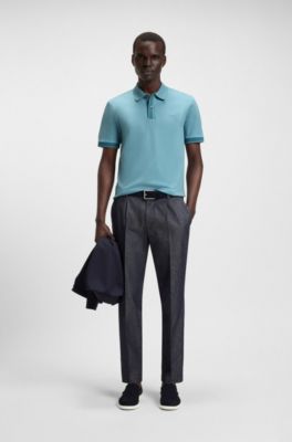 Mercerised-cotton slim-fit polo shirt with structured trims, Light Blue