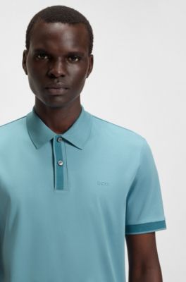 Mercerised-cotton slim-fit polo shirt with structured trims, Light Blue