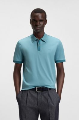 Mercerised-cotton slim-fit polo shirt with structured trims, Light Blue